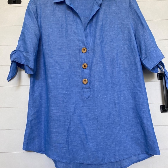 J. Mclaughlin Linen Blend Short Sleeve Shirt Blue Small - Picture 2 of 14
